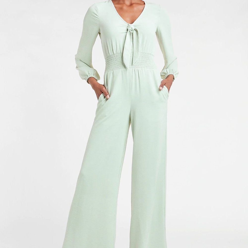 Express Smocked Waist Tie Front Wide Leg Jumpsuit